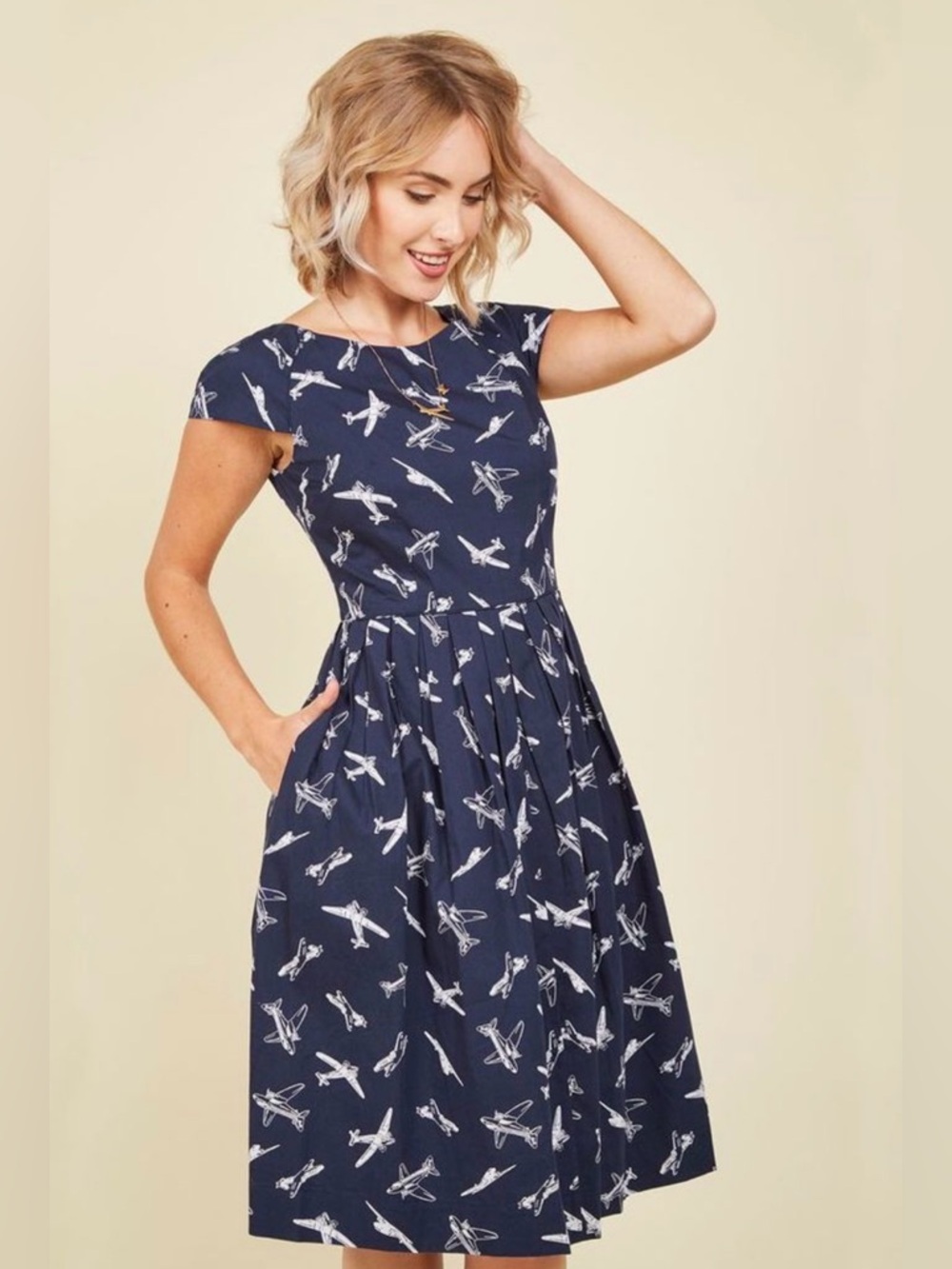 Women’s Navy Midi Dress with Airplane Print